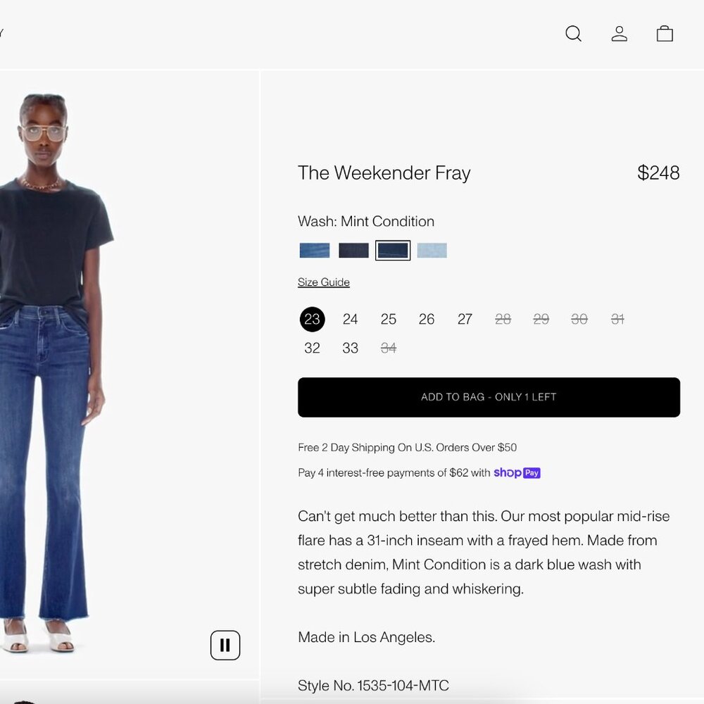 MOTHER THE WEEKENDER FRAY JEANS - SIZE 25